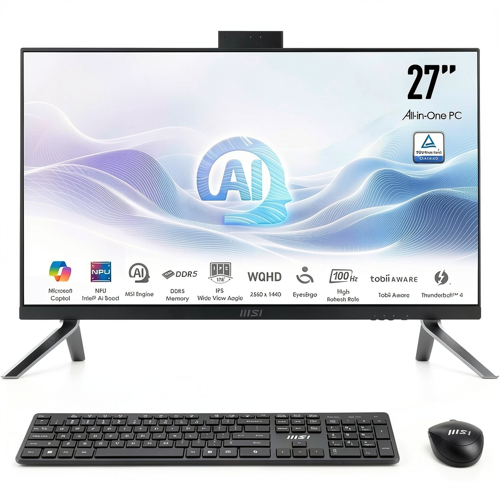 MSI Modern AM273Q AI All In One PC on a desk with accessories