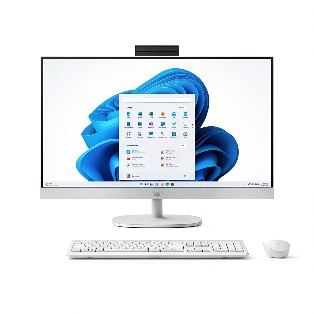 HP 27 All-in-One PC showing touch screen and adjustable height stand