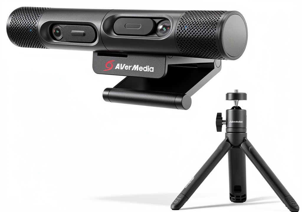 AVerMedia PW313D DualCam webcam set up on a desk with tripod