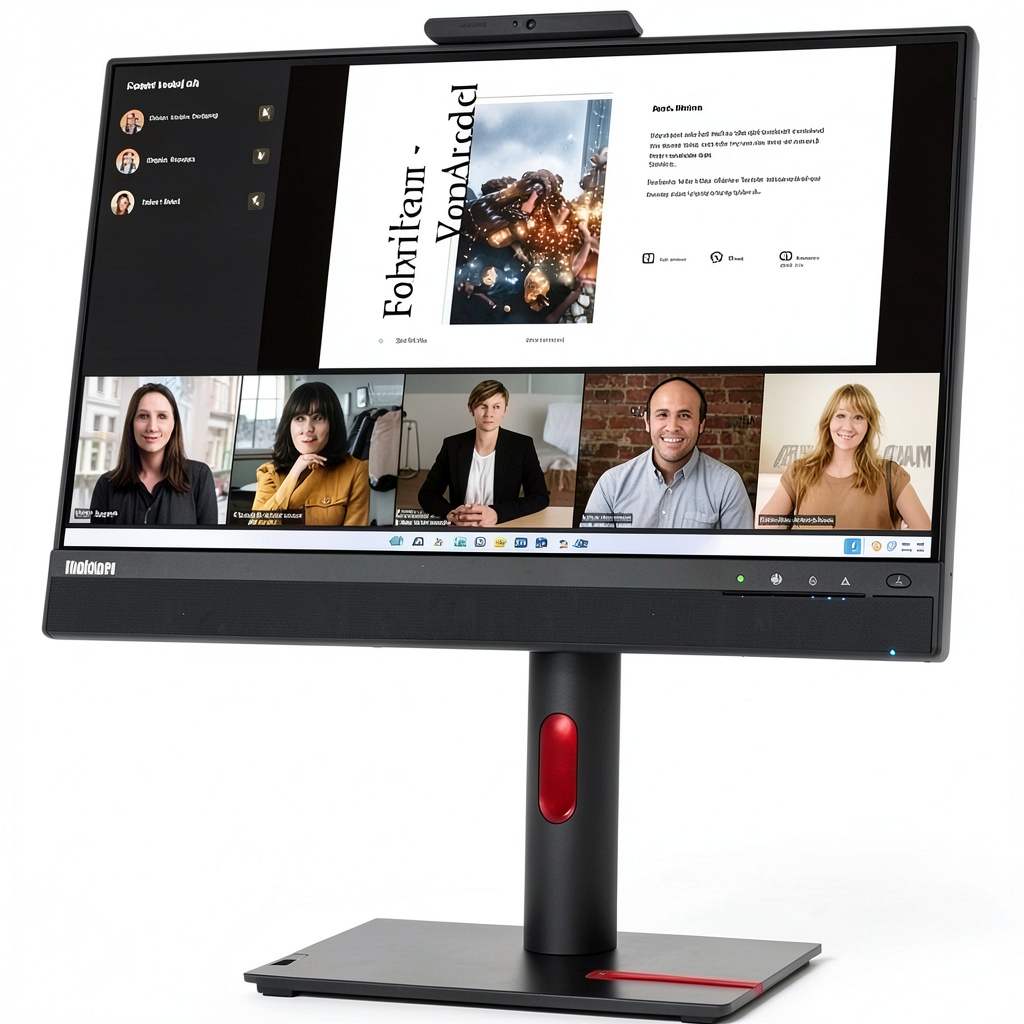 Lenovo ThinkCentre monitor displaying a video conference on a desk