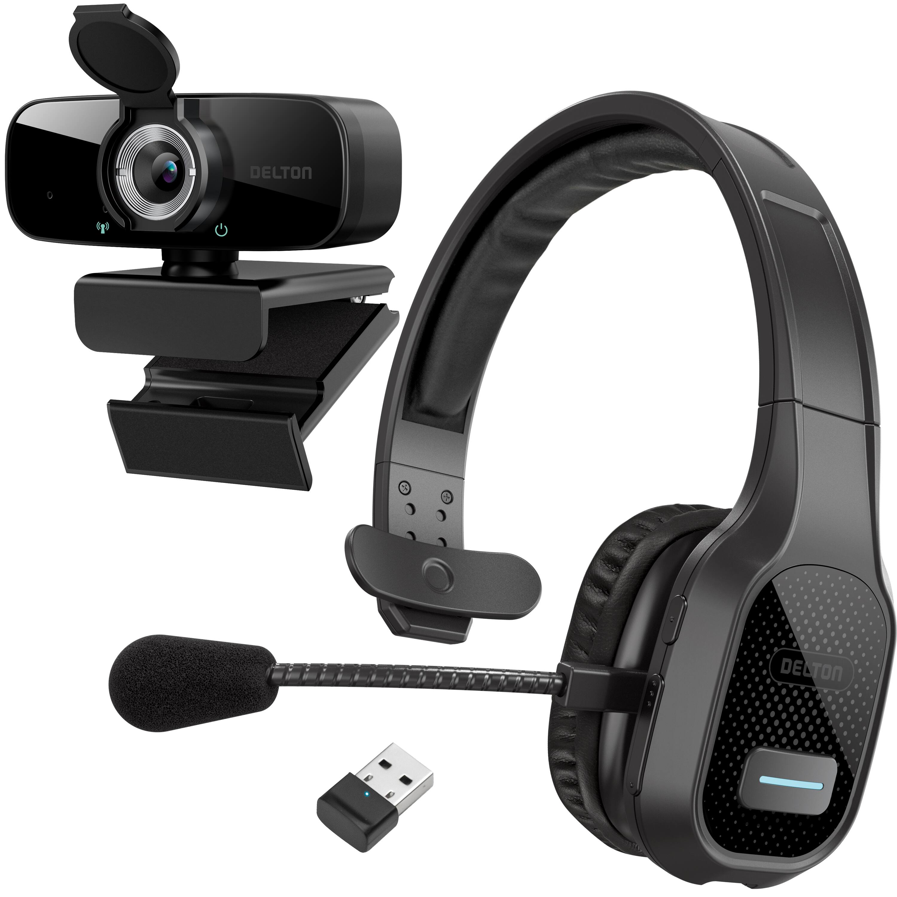 Delton Bluetooth headset and webcam setup on a computer desk