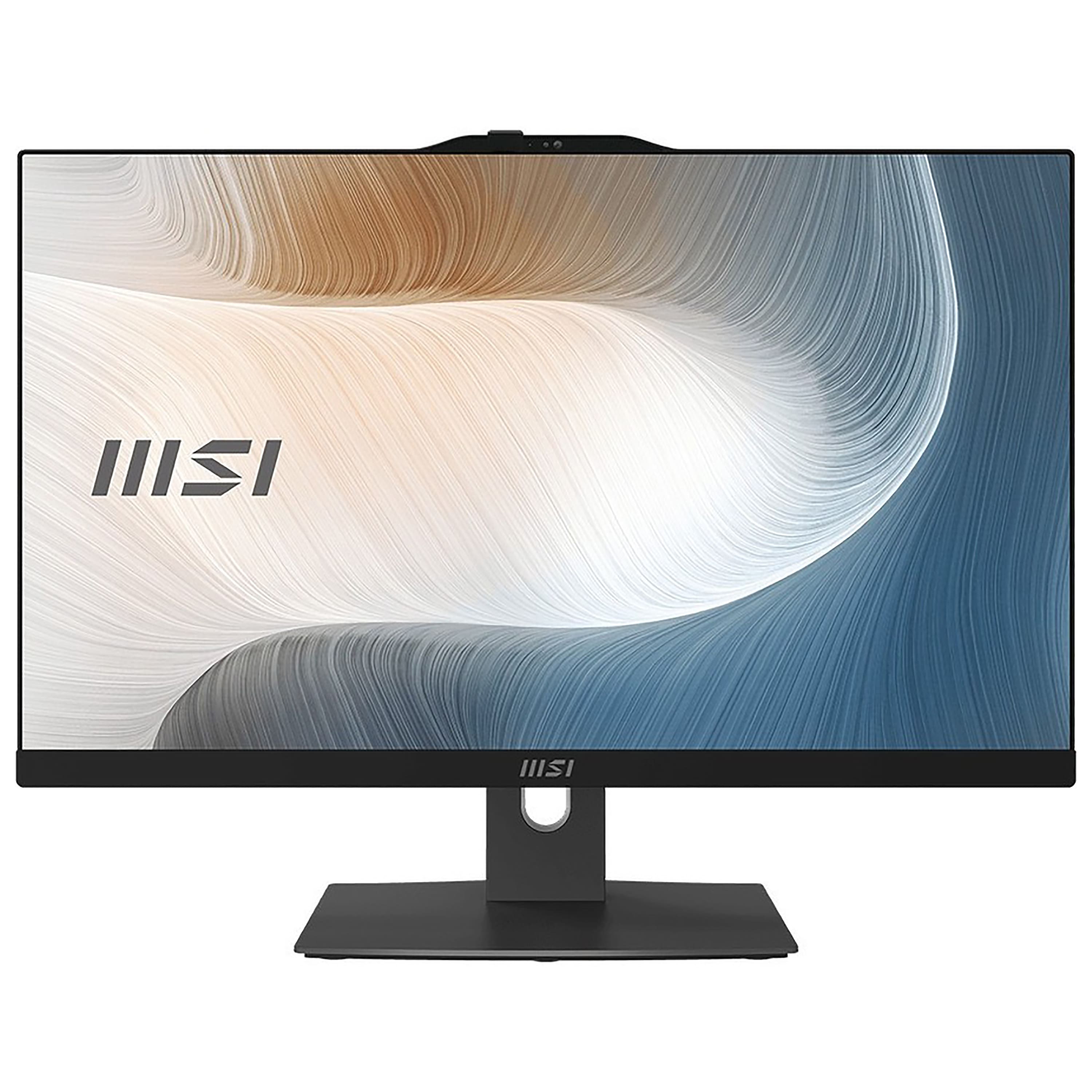 MSI Modern All-in-One PC displaying Windows 11 interface on a desk