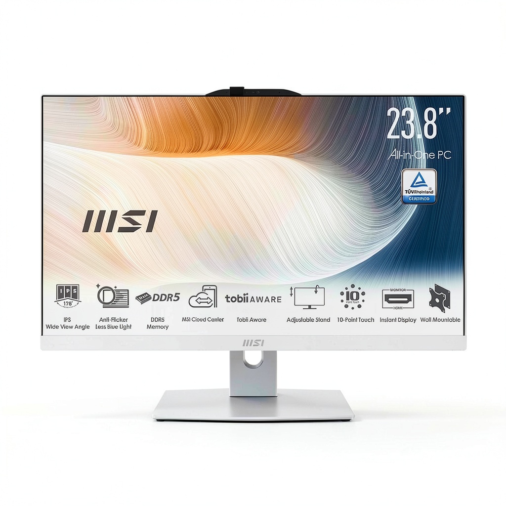 MSI All in One PC showing the 23.8-inch FHD touchscreen and sleek white design